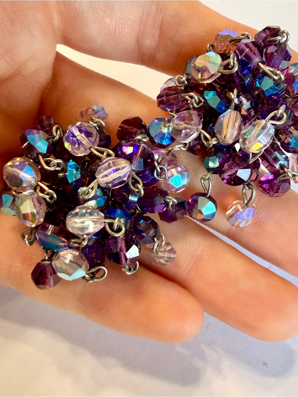 Vintage Purple VOGUE Signed Beaded Cluster Cha Cha Clip-On Earrings UV Glow